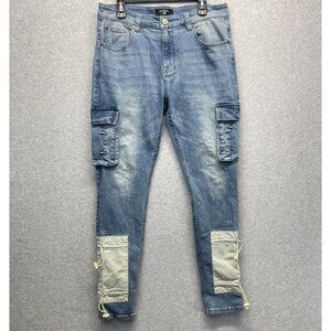 Serenede Men's 36 Cyber Cloud Cargo Jeans Bungee Cords Pockets Skinny Streetwear